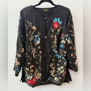 Indigo Moon Embroidered Jacket Womens Size M Black Floral Artsy ‎ Boho Unique